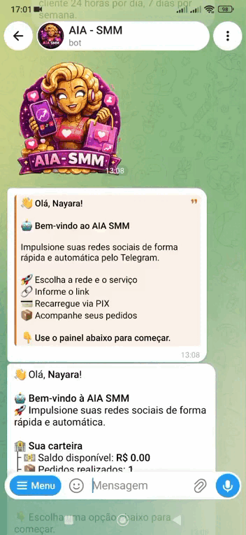 Tela real do AIA SMM mostrando a escolha das redes sociais dentro do Telegram